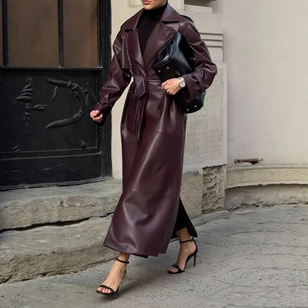 Kvinnor elegant konstläder trenchcoat med midjeformande bälte och praktiska fickor Eva Jonsson-Eva Jonsson