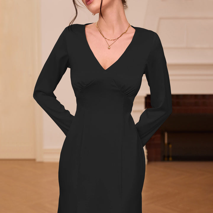 Kvinnor elegant midi klänning med V-hals och långa ärmar Mirla-Eva Jonsson