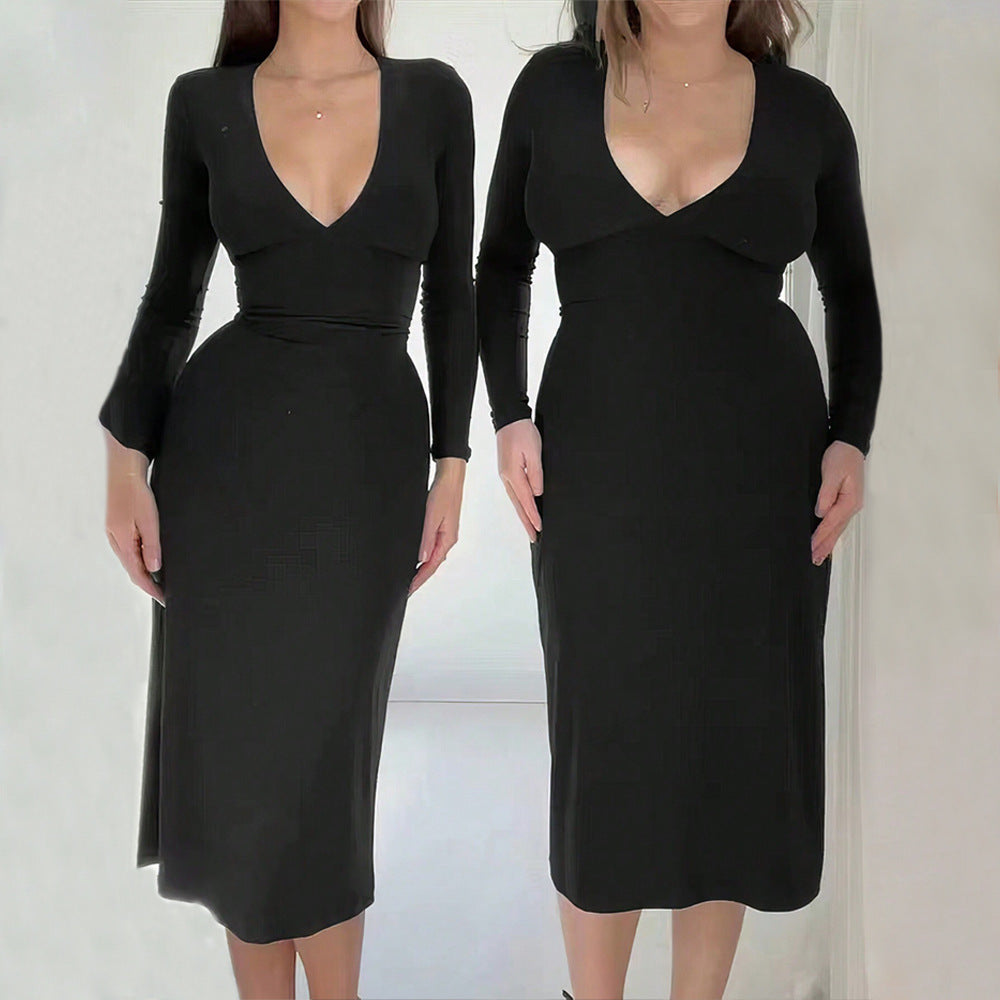 Kvinnor elegant midi klänning med djup V-hals och lång ärm Mirla-Eva Jonsson