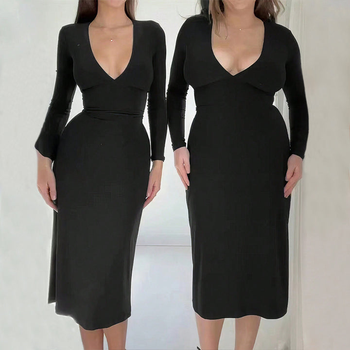 Kvinnor elegant midi klänning med djup V-hals och lång ärm Mirla-Eva Jonsson