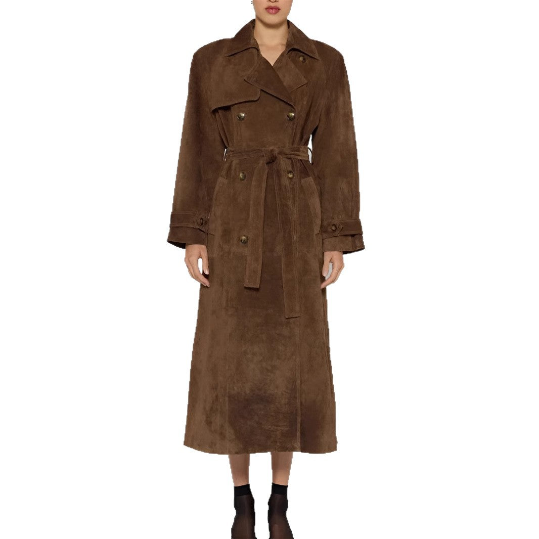 Kvinnor elegant och figursydd mocka trench coat med bältet Mirla-Eva Jonsson