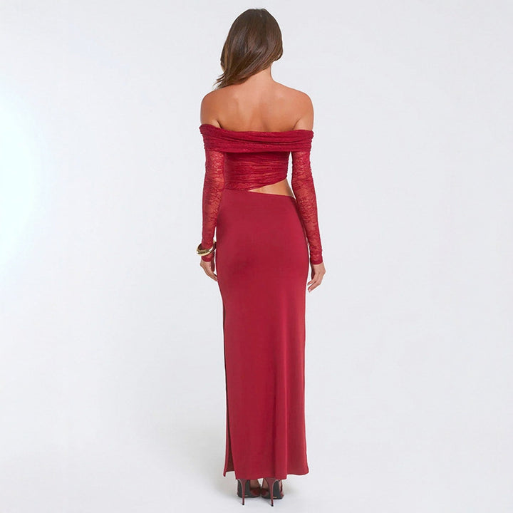 Kvinnor elegant off-shoulder maxiklänning med asymmetrisk skärning och transparent spets Mirla-Eva Jonsson