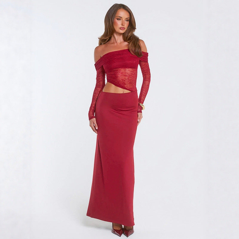 Kvinnor elegant off-shoulder maxiklänning med asymmetrisk skärning och transparent spets Mirla-Eva Jonsson