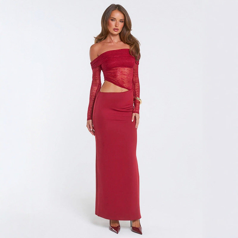 Kvinnor elegant off-shoulder maxiklänning med asymmetrisk skärning och transparent spets Mirla-Eva Jonsson