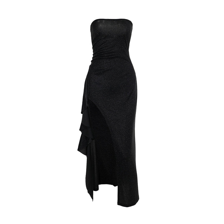 Kvinnor elegant off-the-shoulder aftonklänning med asymmetrisk volang Mirla-Eva Jonsson