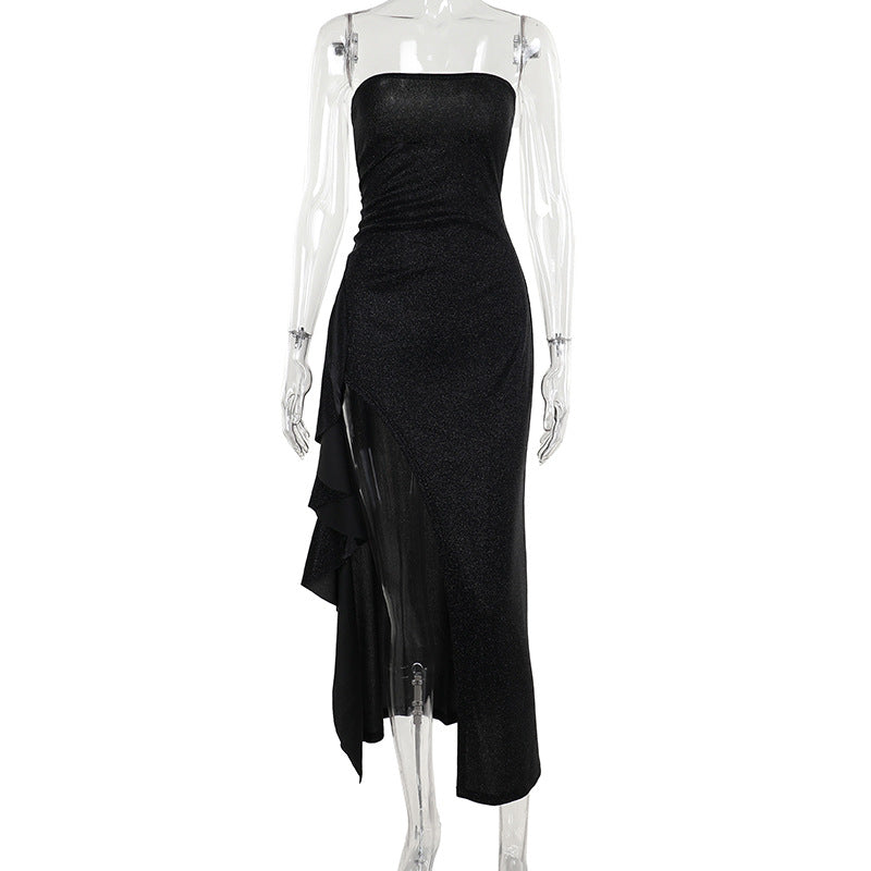 Kvinnor elegant off-the-shoulder aftonklänning med asymmetrisk volang Mirla-Eva Jonsson