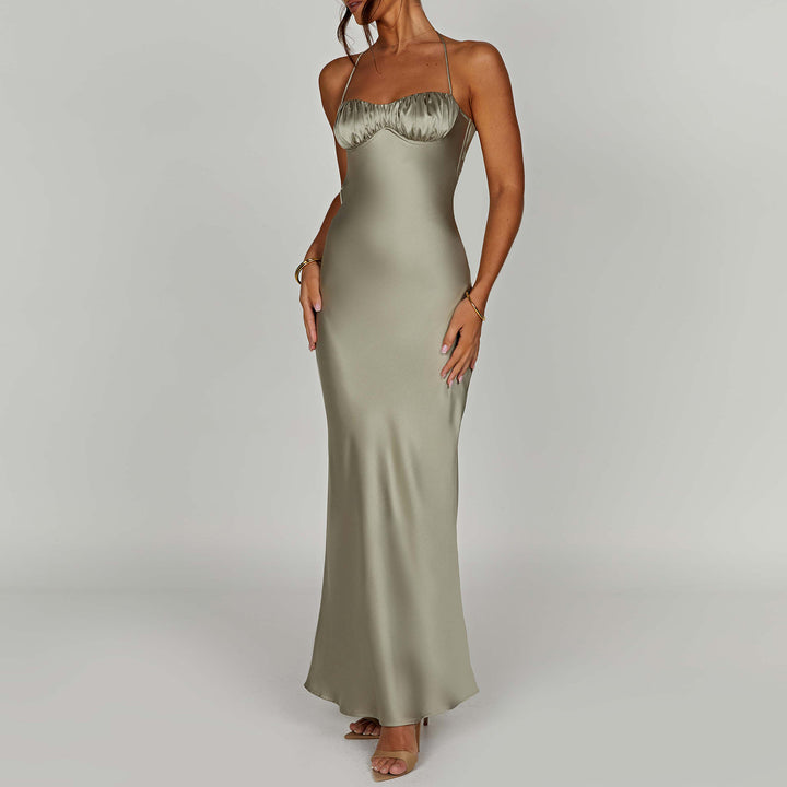 Kvinnor elegant satin kvällsklänning med tunna axelband Eva Jonsson-Eva Jonsson