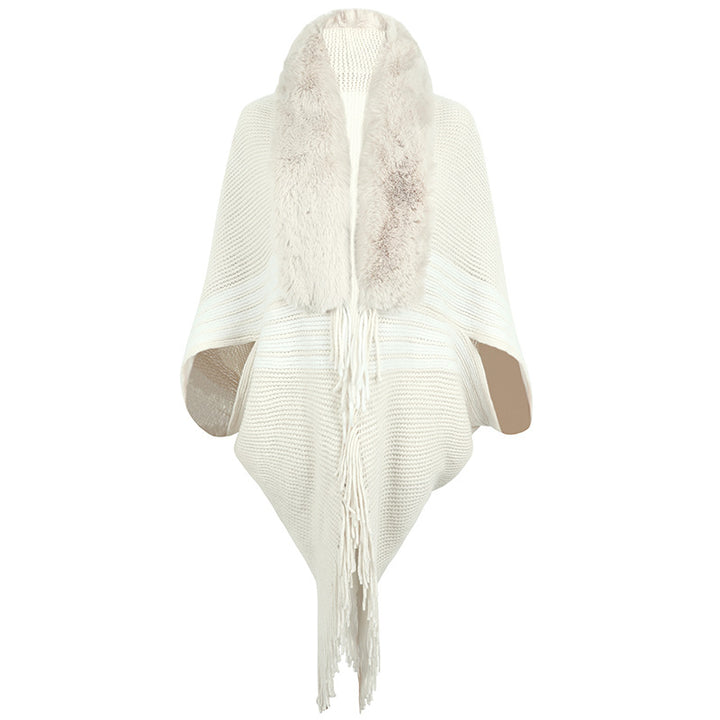 Kvinnor elegant stickad poncho med konstfällbeklädd krage och fransar Eva Jonsson-Eva Jonsson