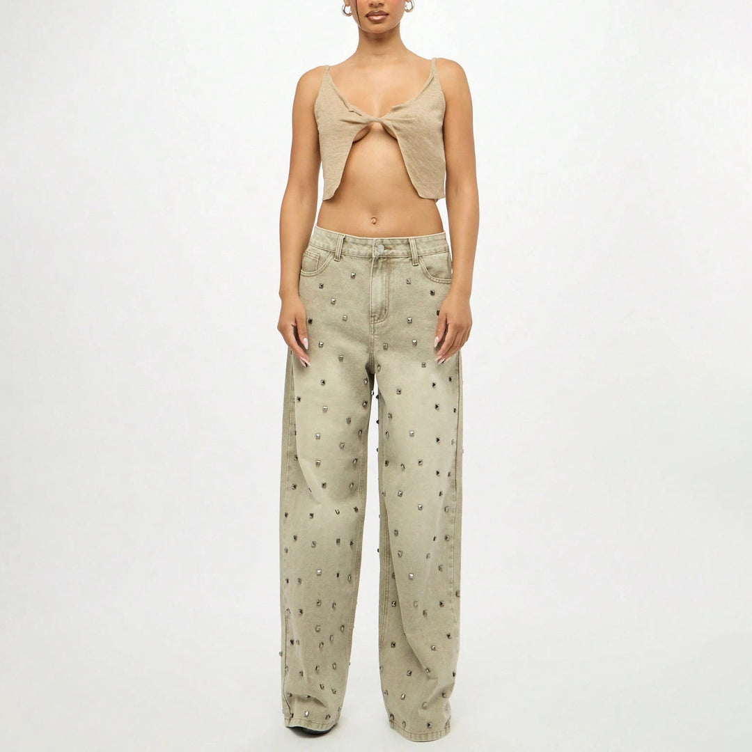 Kvinnor eleganta cargo-jeans med unika strass-applikationer Mirla-Eva Jonsson
