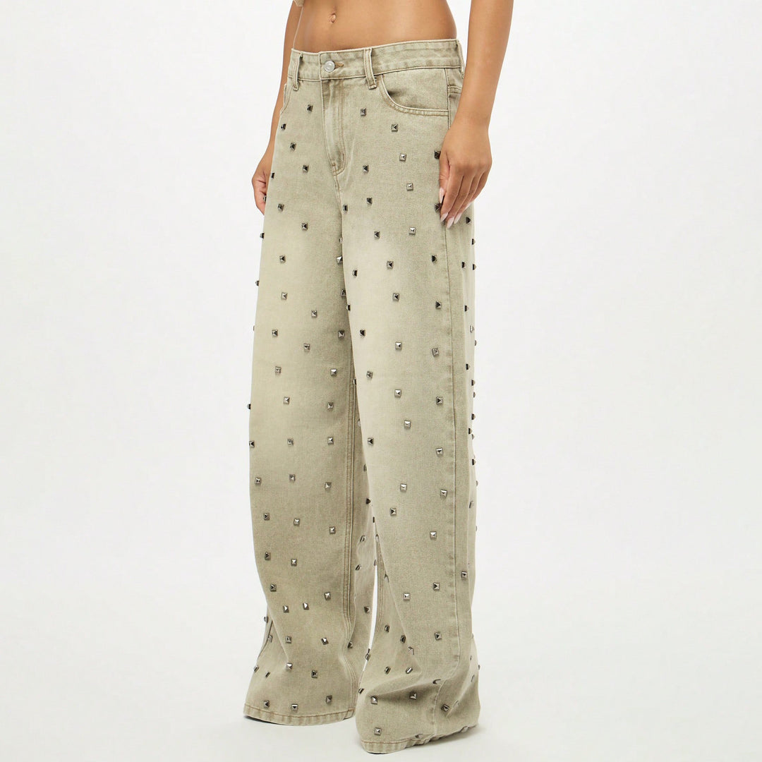 Kvinnor eleganta cargo-jeans med unika strass-applikationer Mirla-Eva Jonsson
