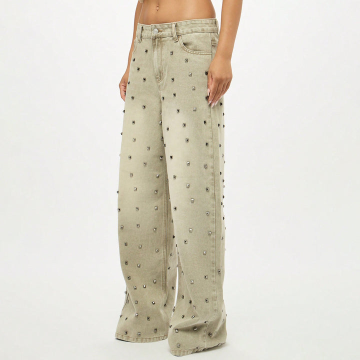 Kvinnor eleganta cargo-jeans med unika strass-applikationer Mirla-Eva Jonsson