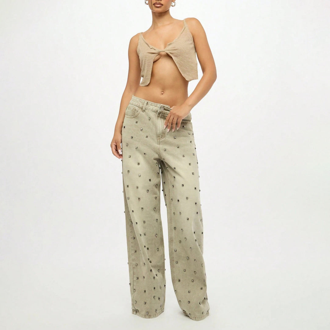 Kvinnor eleganta cargo-jeans med unika strass-applikationer Mirla-Eva Jonsson