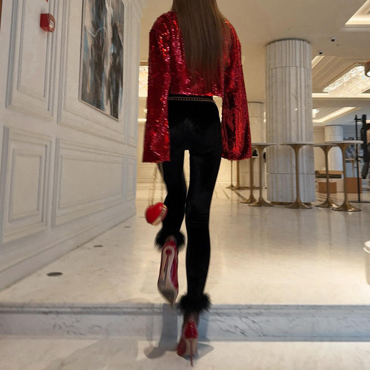 Kvinnor eleganta sammet leggings med feminina pälskanter Mirla-Eva Jonsson
