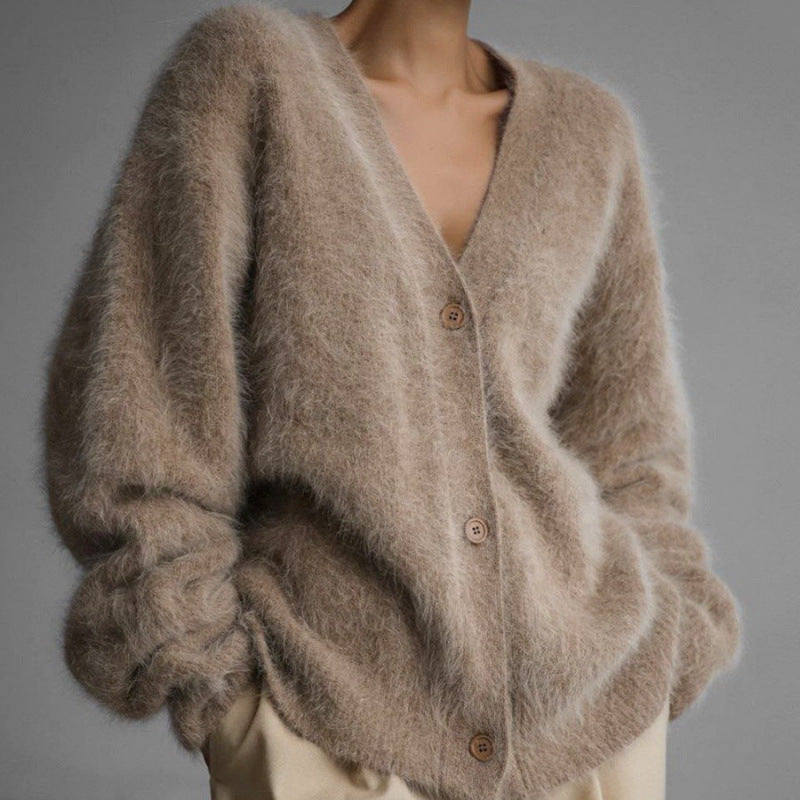 Kvinnor fluffig cardigan med V-ringning och oversize passform Eva Jonsson-Eva Jonsson