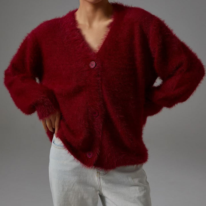 Kvinnor fluffig cardigan med V-ringning och oversize passform Eva Jonsson-Eva Jonsson