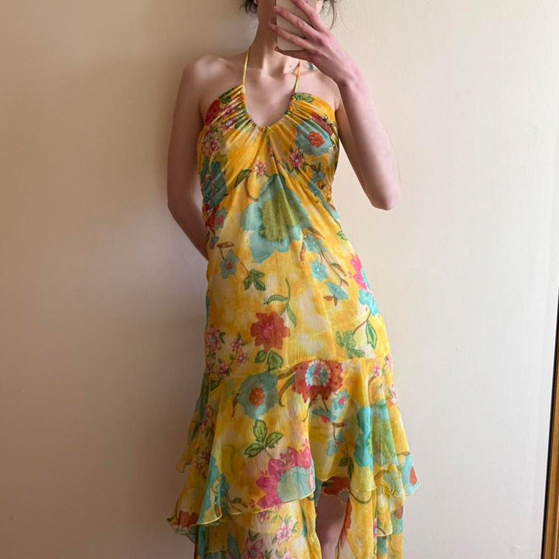 Kvinnor flytande Maxi-klänning med blommönster och volanger Mirla-Eva Jonsson