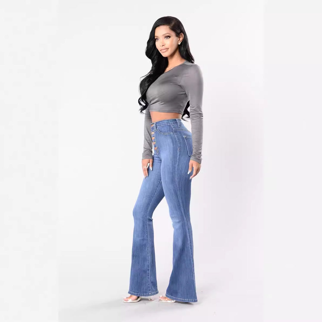 Kvinnor högmidjade utsvängda jeans med dekorativa knappdetaljer och elastisk midja Mirla-Eva Jonsson