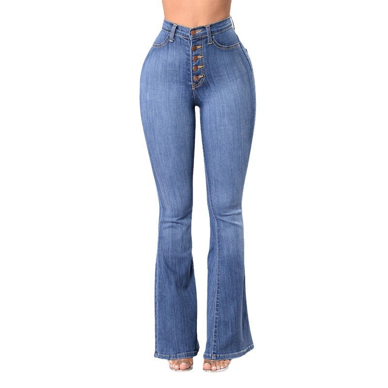 Kvinnor högmidjade utsvängda jeans med dekorativa knappdetaljer och elastisk midja Mirla-Eva Jonsson