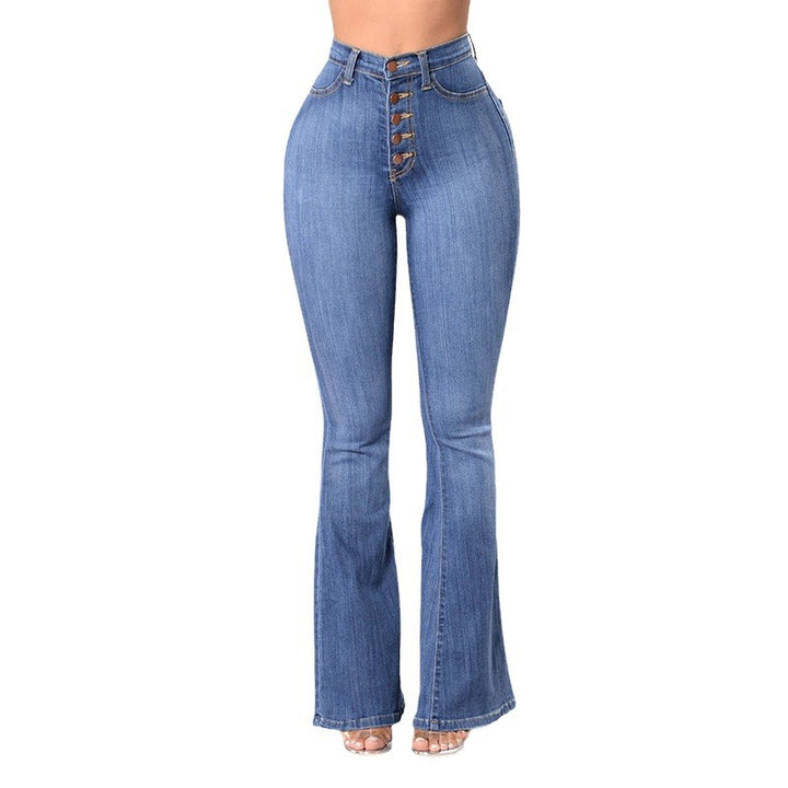 Kvinnor högmidjade utsvängda jeans med dekorativa knappdetaljer och elastisk midja Mirla-Eva Jonsson