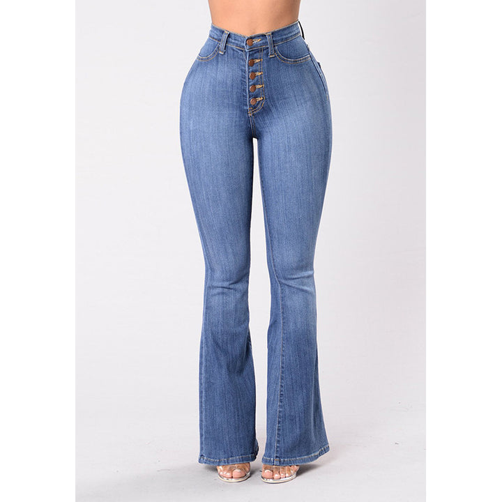 Kvinnor högmidjade utsvängda jeans med dekorativa knappdetaljer och elastisk midja Mirla-Eva Jonsson