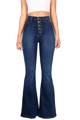 Kvinnor högmidjade utsvängda jeans med dekorativa knappdetaljer och elastisk midja Mirla-Eva Jonsson