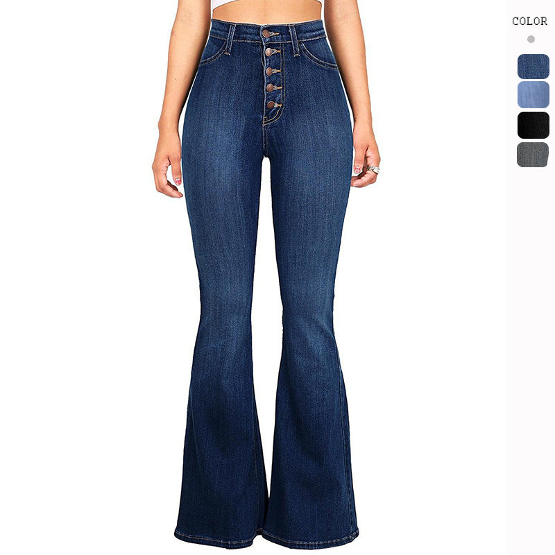 Kvinnor högmidjade utsvängda jeans med dekorativa knappdetaljer och elastisk midja Mirla-Eva Jonsson