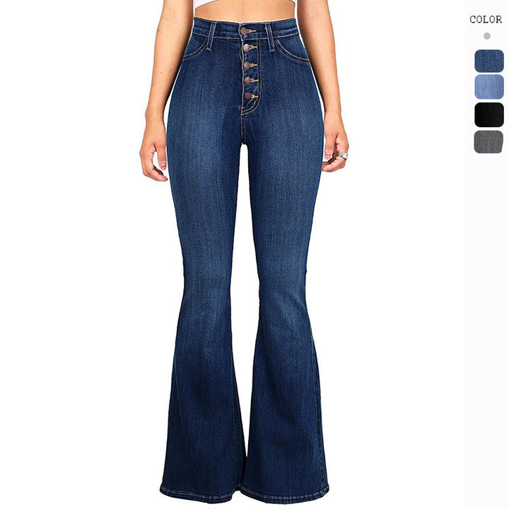 Kvinnor högmidjade utsvängda jeans med dekorativa knappdetaljer och elastisk midja Mirla-Eva Jonsson