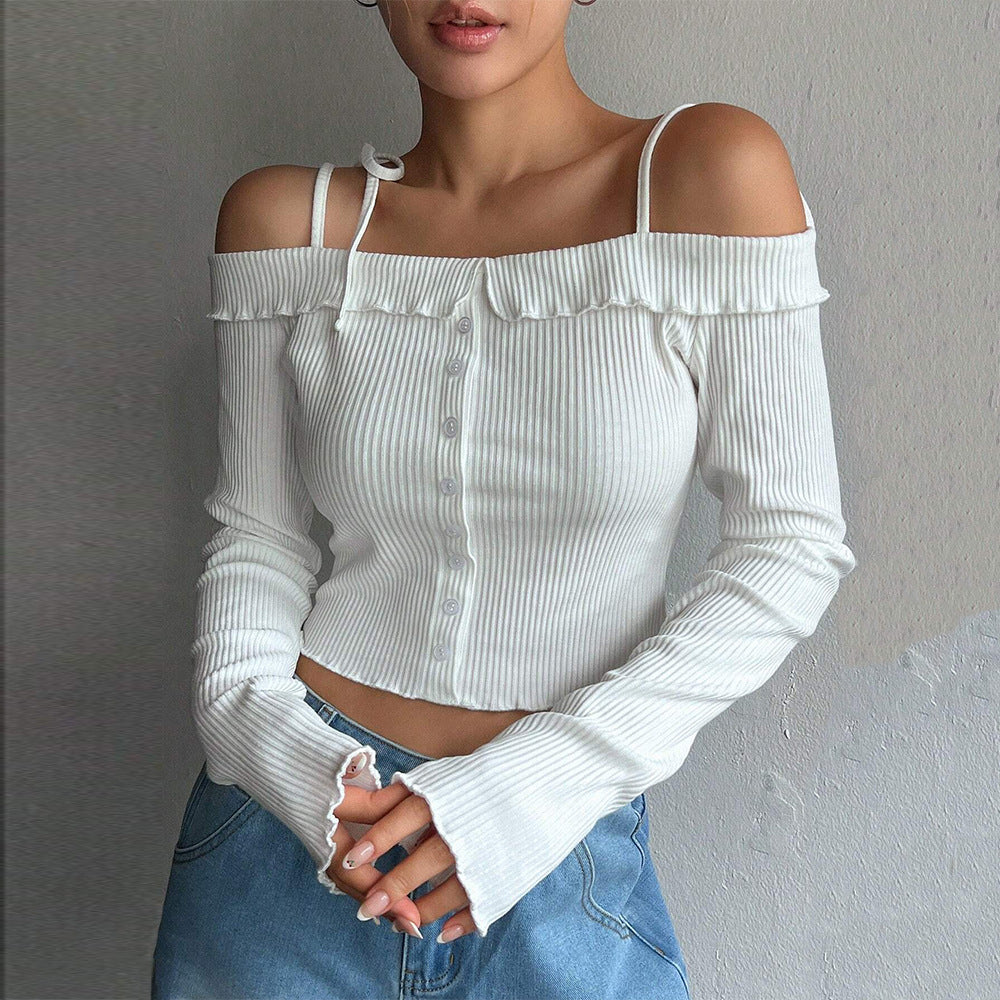 Kvinnor kort topp med off-shoulder design och volangdetaljer Mirla-Eva Jonsson