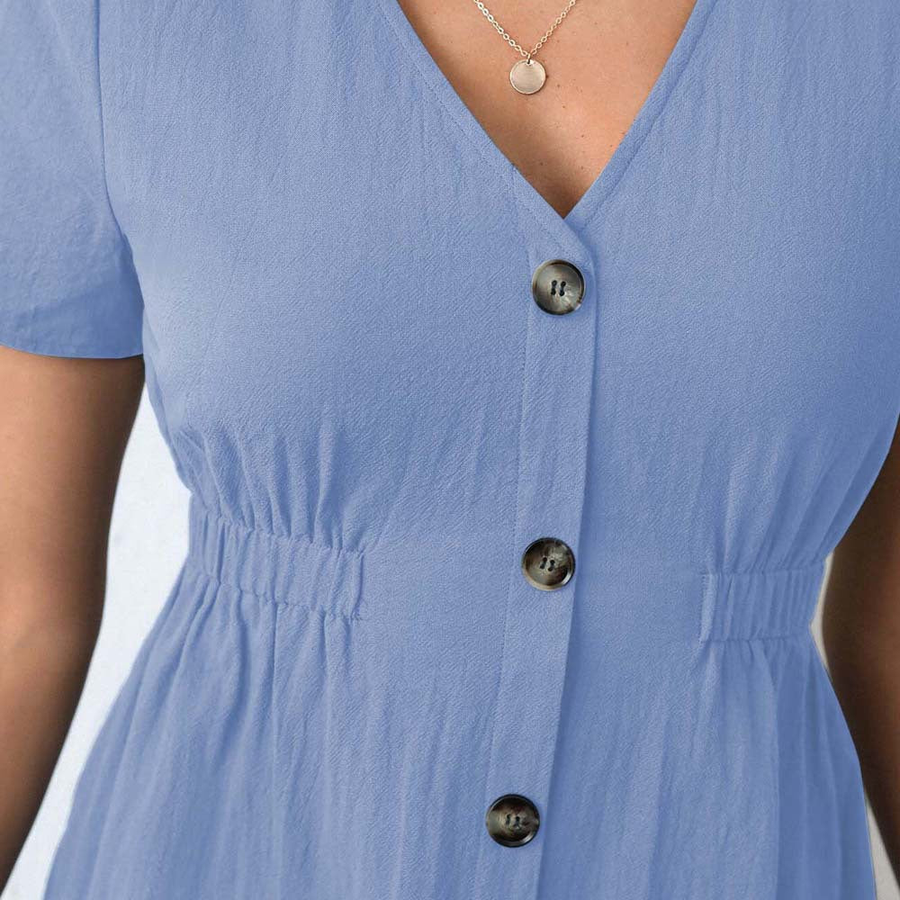 Kvinnor kortärmad klänning med knappdetaljer och elastisk midjeband Mirla-Eva Jonsson