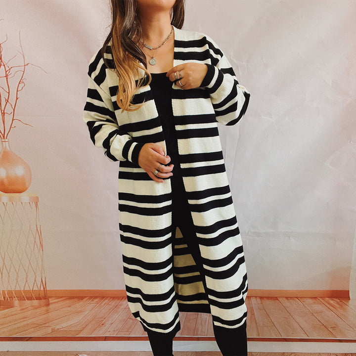 Kvinnor lång randig cardigan med öppen skärning Mirla-Eva Jonsson