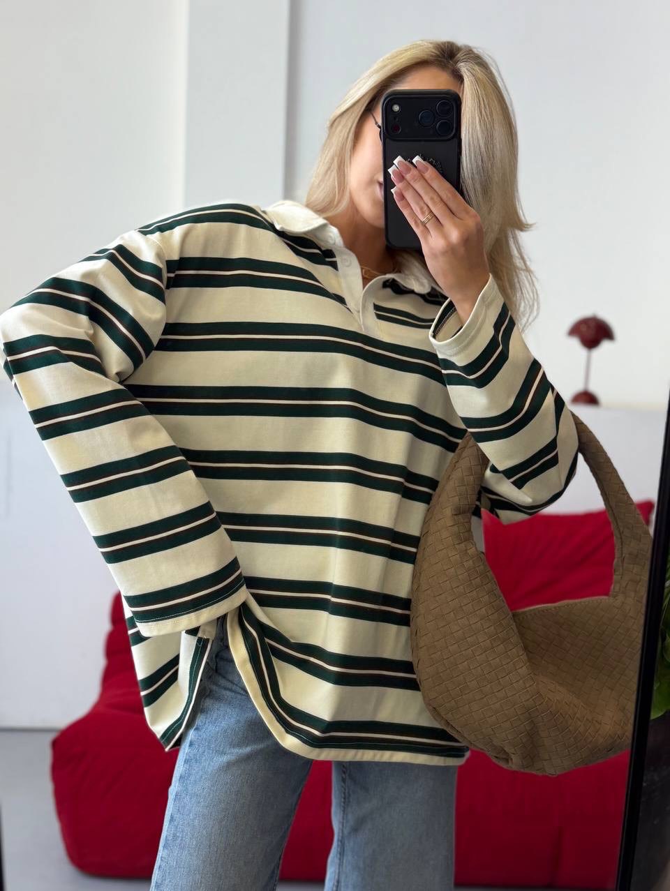 Kvinnor randig blus tröja med klassisk krage Mirla-Eva Jonsson