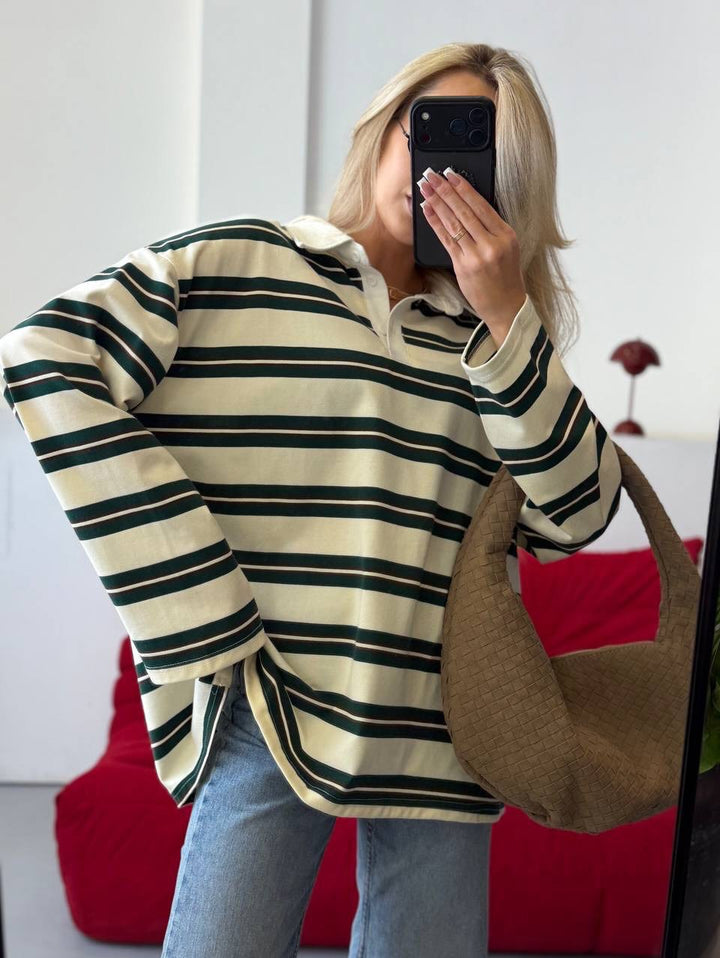 Kvinnor randig blus tröja med klassisk krage Mirla-Eva Jonsson