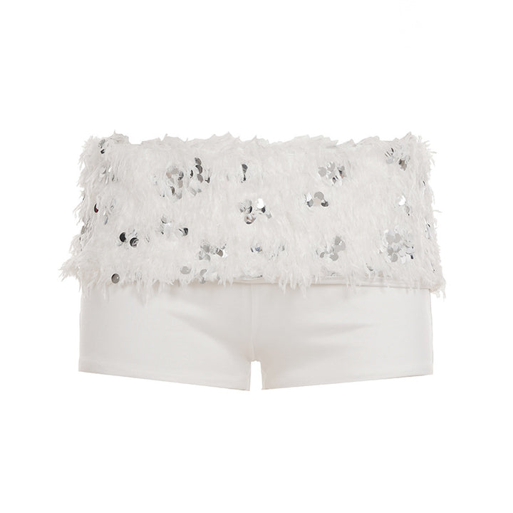 Kvinnor snyggt topp och shorts-set med glittrande paljetter och dekorativa fjädrar Mirla-Eva Jonsson