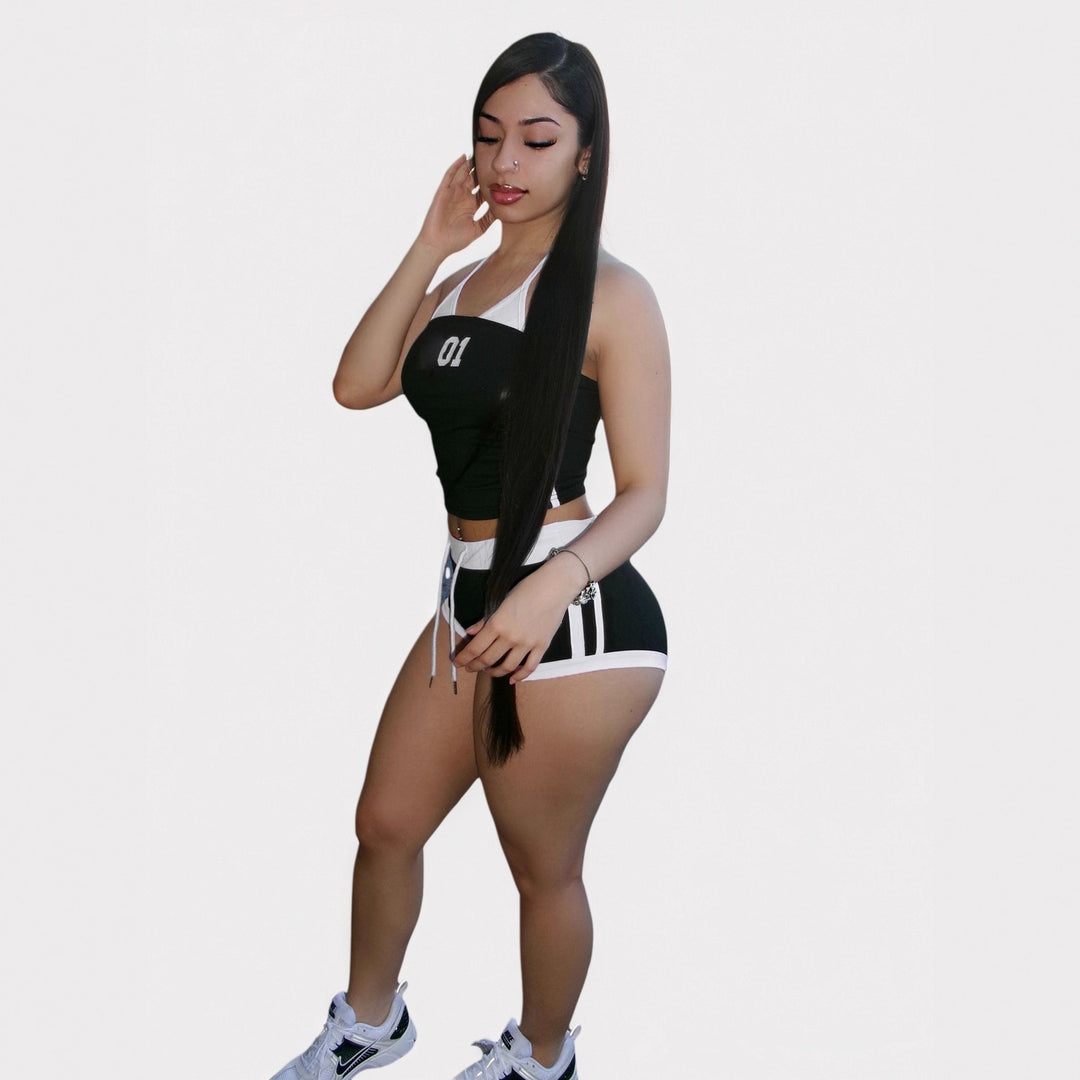 Kvinnor sportigt Crop-top och shorts set med dekorativt snöre Mirla-Eva Jonsson