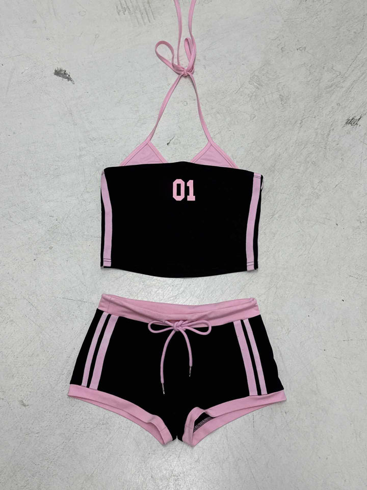 Kvinnor sportigt Crop-top och shorts set med dekorativt snöre Mirla-Eva Jonsson