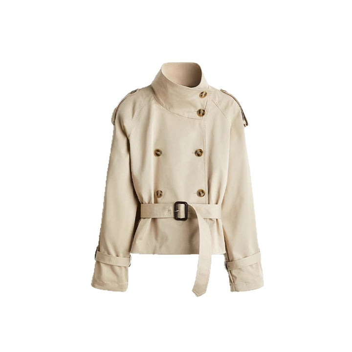Kvinnor trendig kort jacka i modern trenchcoat-stil med bred krage och midjebälte Mirla-Eva Jonsson
