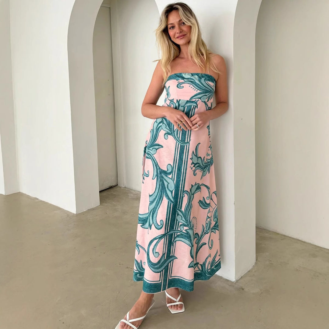 Kvinnors Bandeau Maxi Klänning med Elegant Blommig Tryck och Flödande Snitt-Eva Jonsson
