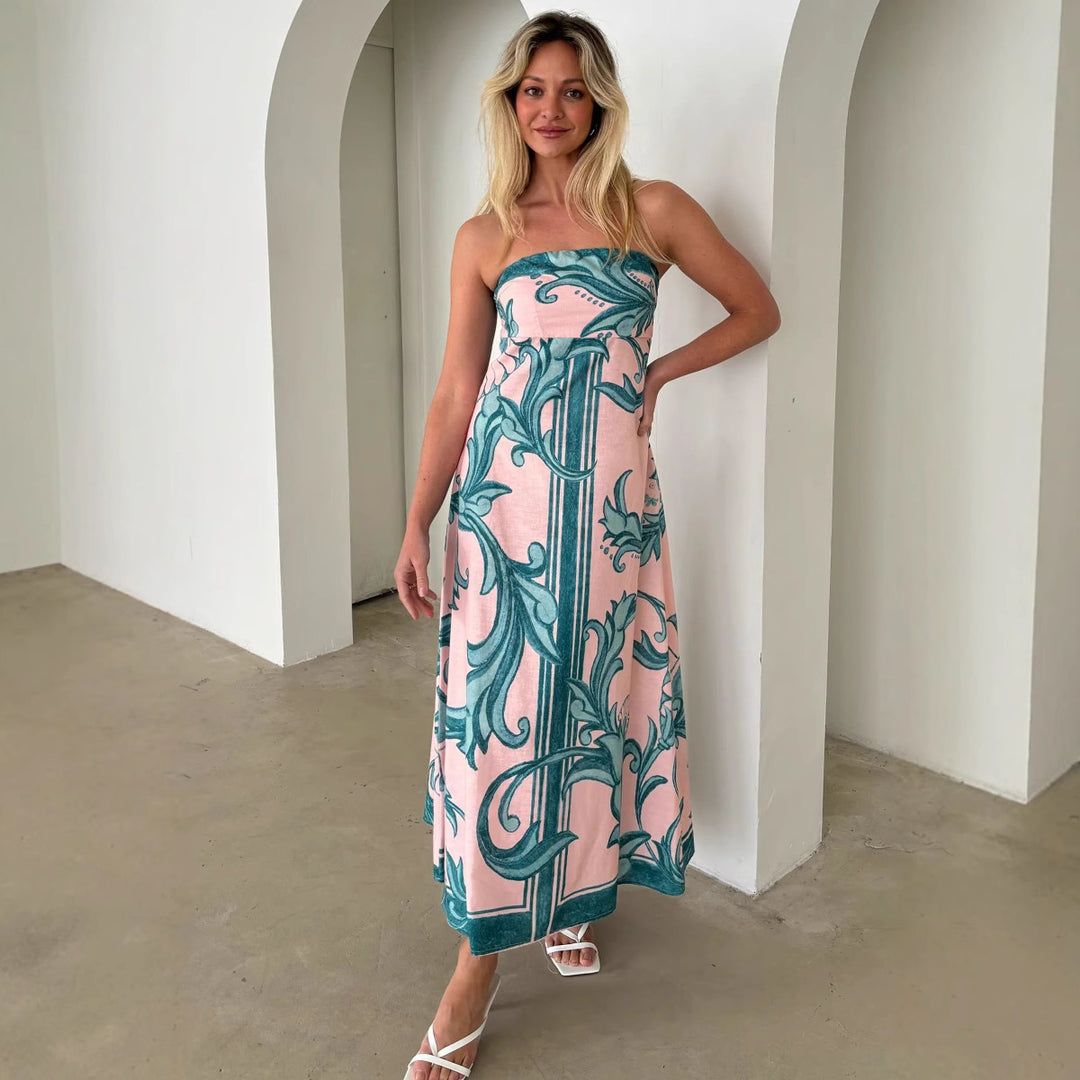 Kvinnors Bandeau Maxi Klänning med Elegant Blommig Tryck och Flödande Snitt-Eva Jonsson