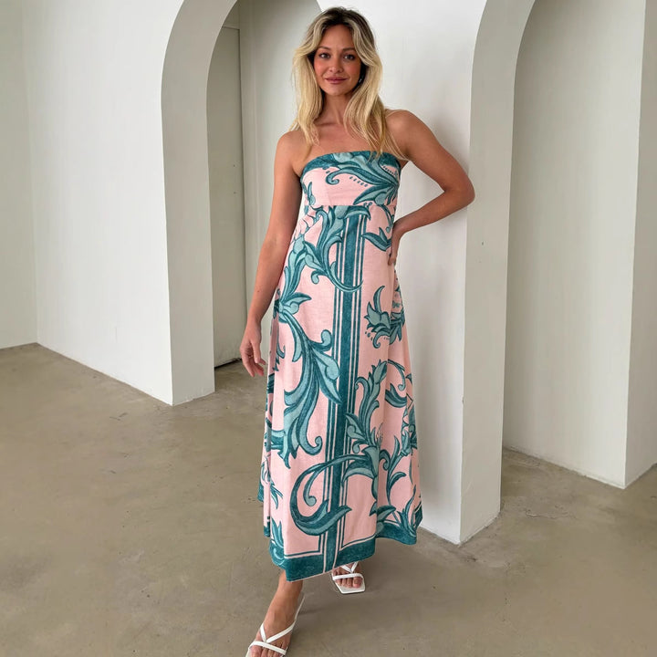 Kvinnors Bandeau Maxi Klänning med Elegant Blommig Tryck och Flödande Snitt-Eva Jonsson