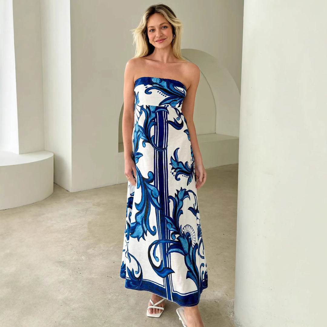 Kvinnors Bandeau Maxi Klänning med Elegant Blommig Tryck och Flödande Snitt-Eva Jonsson