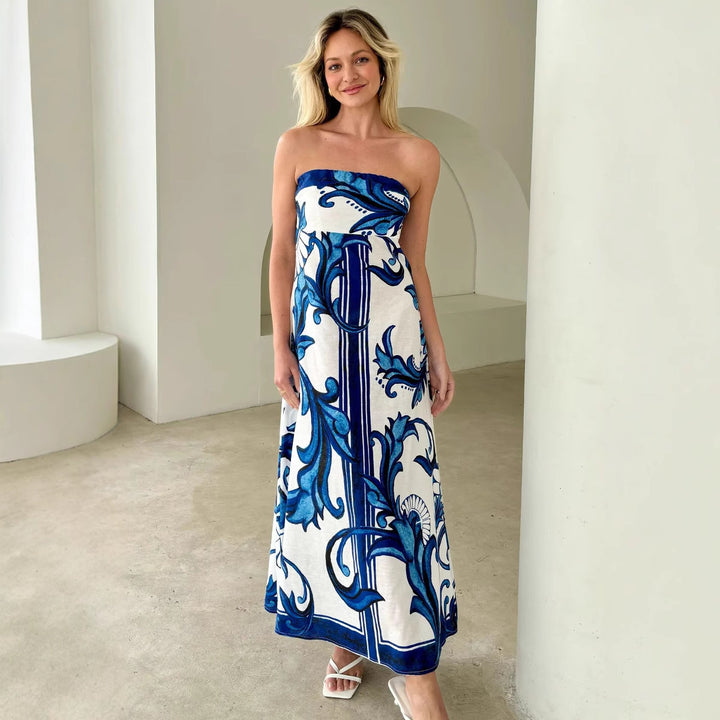 Kvinnors Bandeau Maxi Klänning med Elegant Blommig Tryck och Flödande Snitt-Eva Jonsson