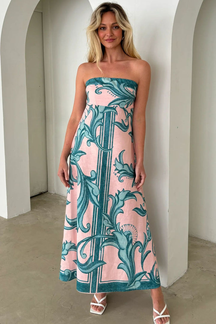 Kvinnors Bandeau Maxi Klänning med Elegant Blommig Tryck och Flödande Snitt-Eva Jonsson
