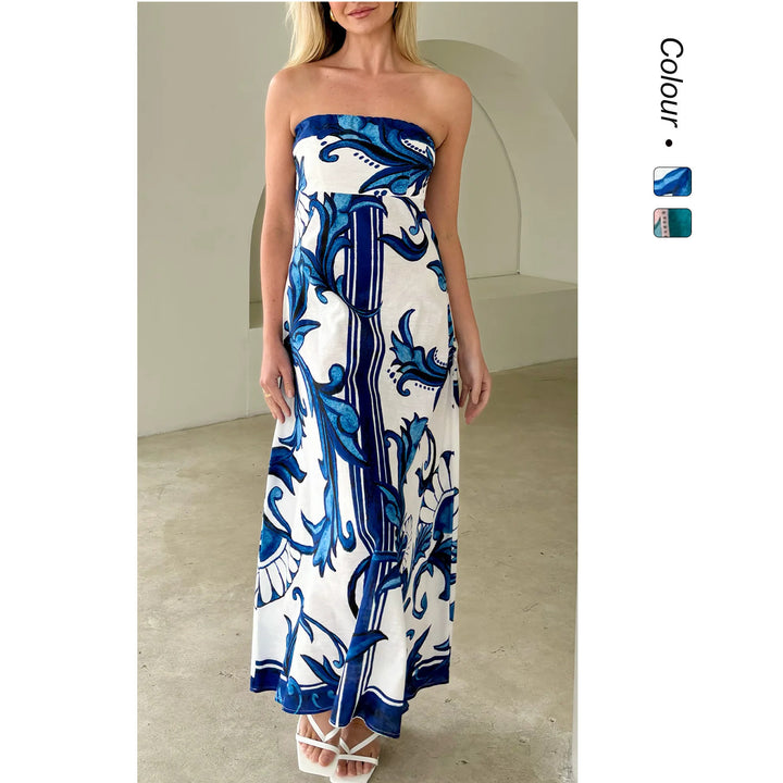 Kvinnors Bandeau Maxi Klänning med Elegant Blommig Tryck och Flödande Snitt-Eva Jonsson