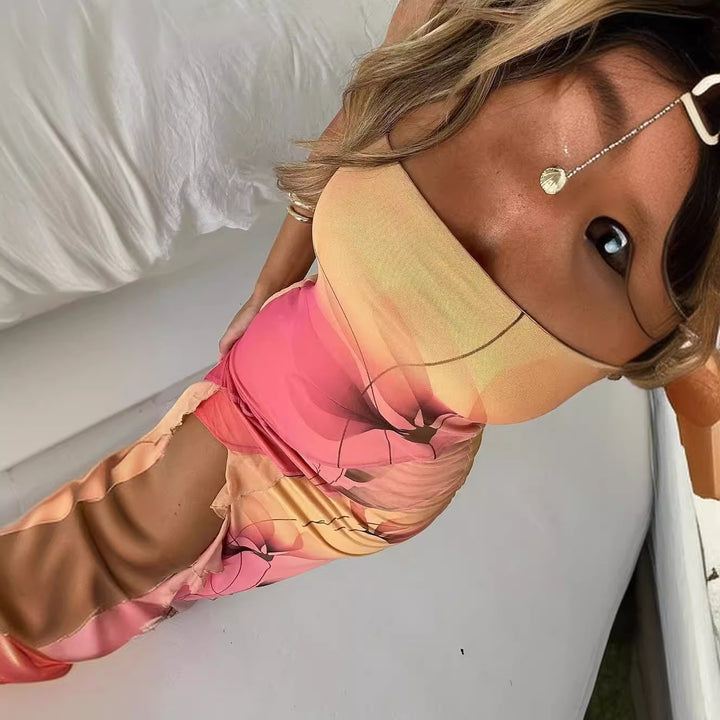 Kvinnors Bandeau Maxi Klänning med Eleganta Volanger och Hög Slits-Eva Jonsson