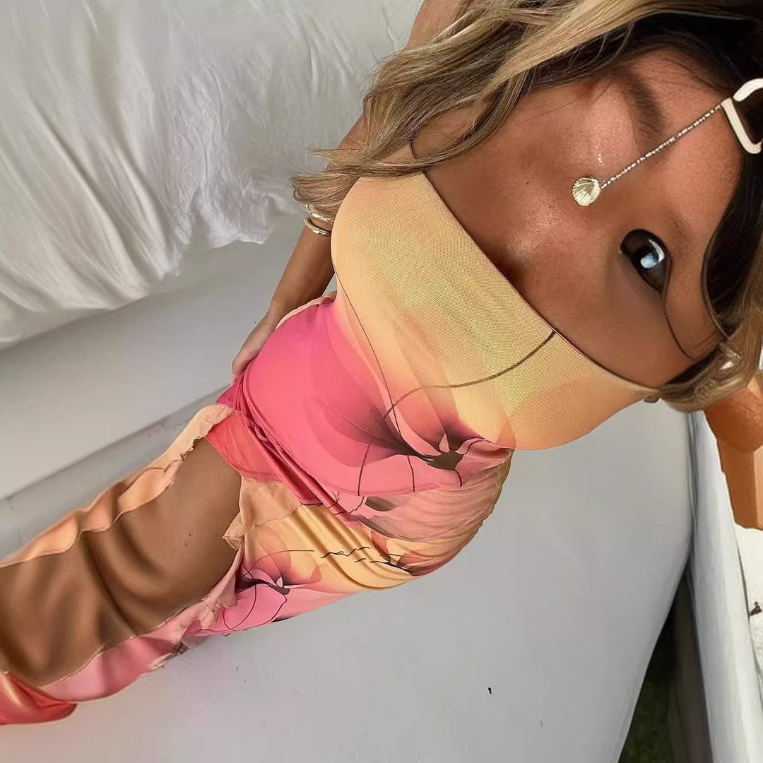 Kvinnors Bandeau Maxi Klänning med Eleganta Volanger och Hög Slits-Eva Jonsson