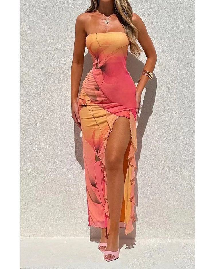Kvinnors Bandeau Maxi Klänning med Eleganta Volanger och Hög Slits-Eva Jonsson