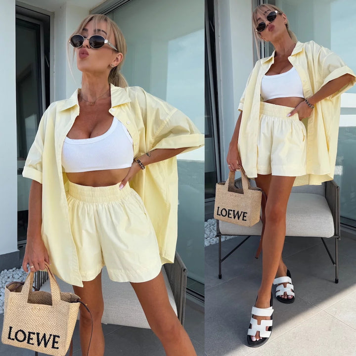 Kvinnors Bekväma Kortärmad Blus och Shortssystem Mirla-Eva Jonsson
