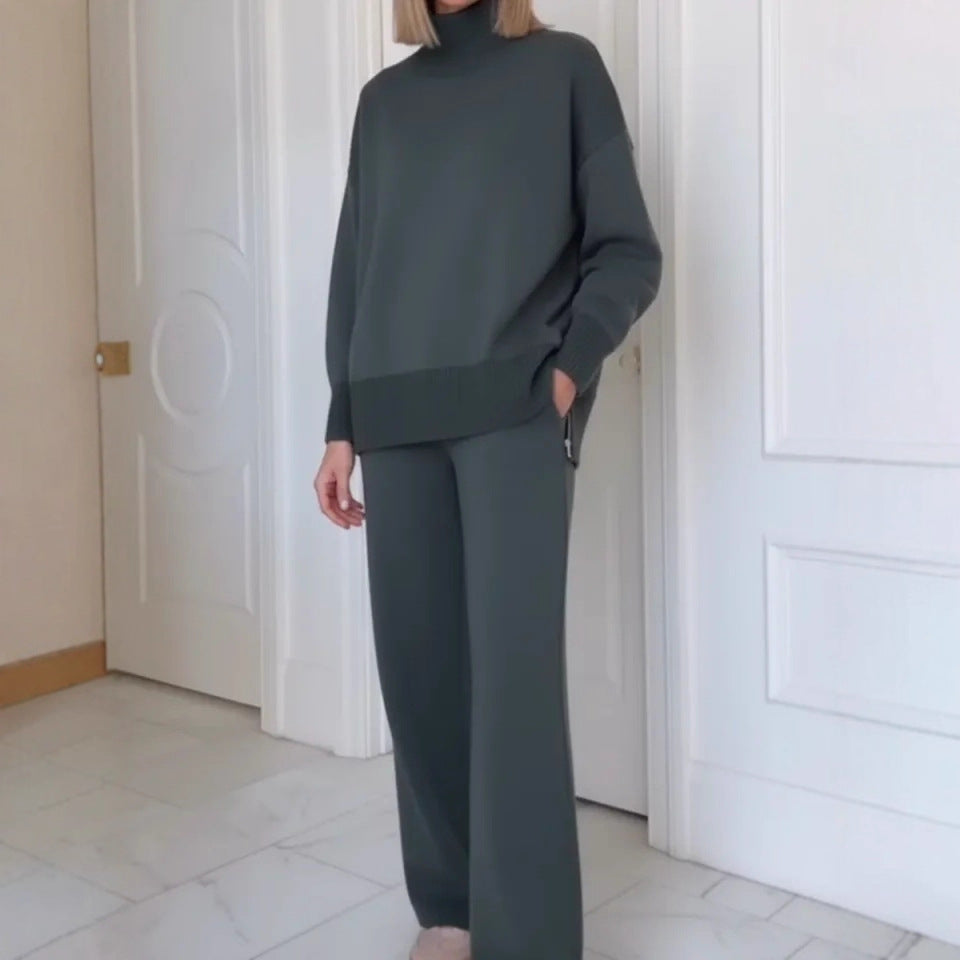 Kvinnors Bekväma Stickade Loungewear Set med Höga Hals Sweater och Bredskurna Byxor Mirla-Eva Jonsson