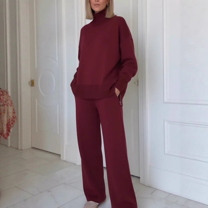 Kvinnors Bekväma Stickade Loungewear Set med Höga Hals Sweater och Bredskurna Byxor Mirla-Eva Jonsson