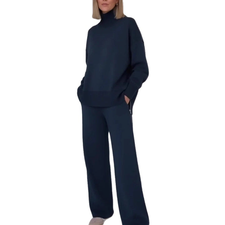 Kvinnors Bekväma Stickade Loungewear Set med Höga Hals Sweater och Bredskurna Byxor Mirla-Eva Jonsson